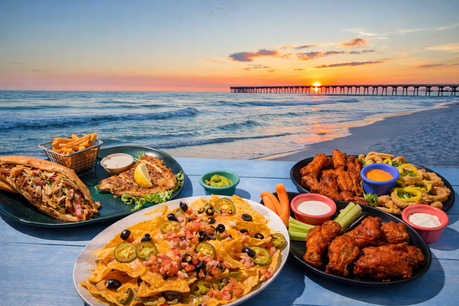 Delicious seafood dishes and nachos with Gulf views at Barefoot Restaurants during sunset in Panama City Beach.