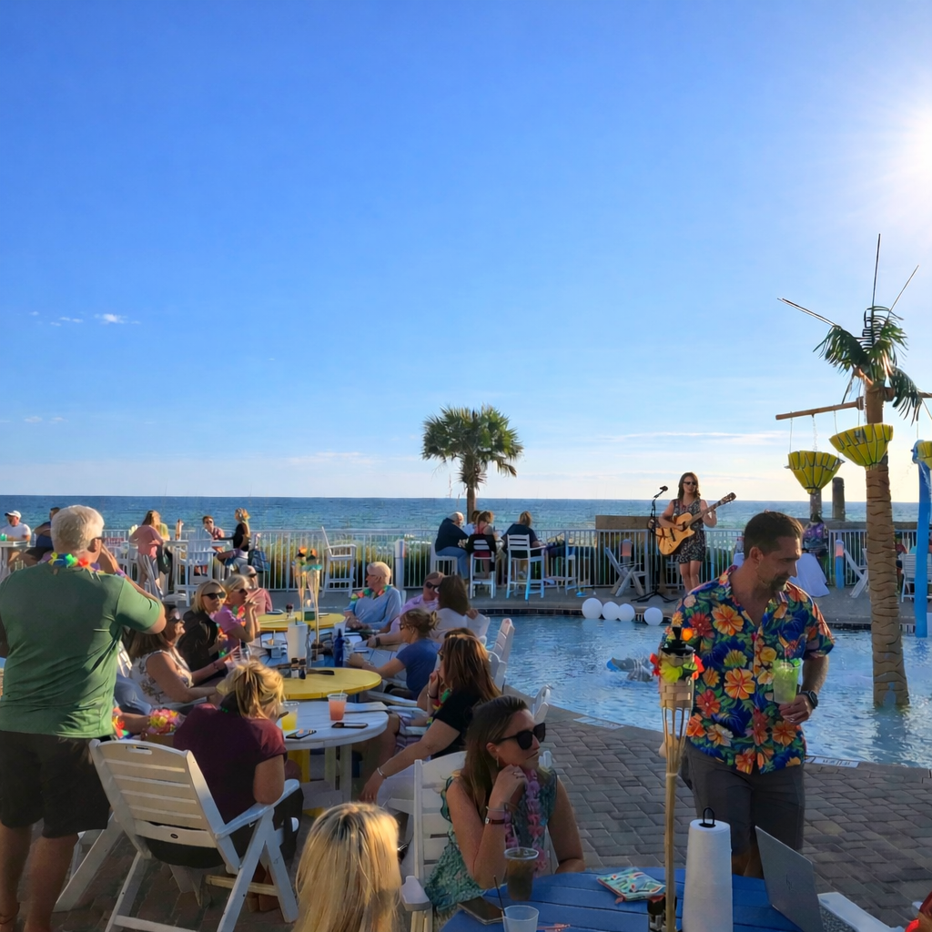 Guests enjoy beachfront dining at Barefoot Restaurants, listening to live music with stunning Gulf views.