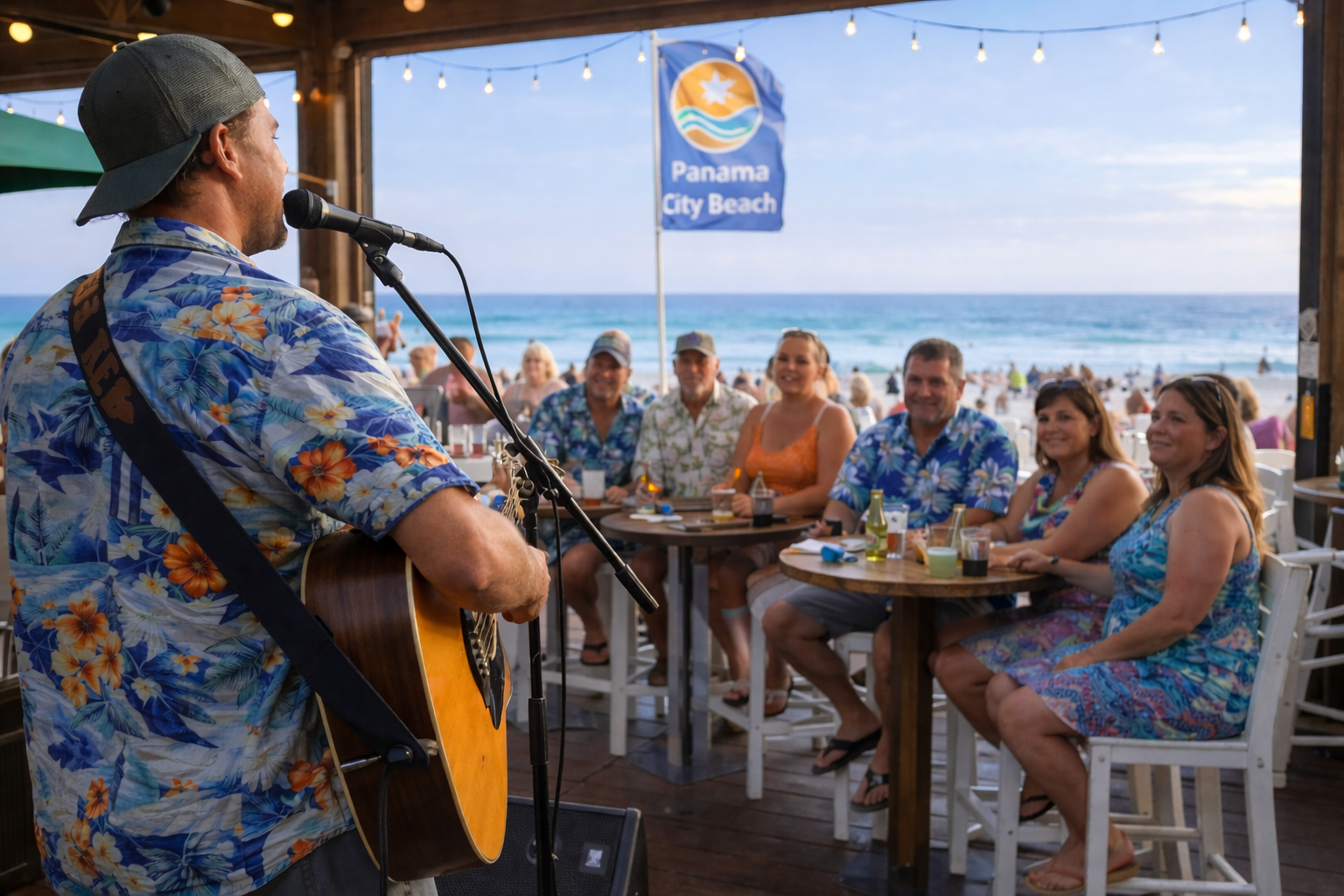 Guests enjoy lively music and refreshing cocktails at Barefoot Restaurants, with stunning Gulf views behind them.