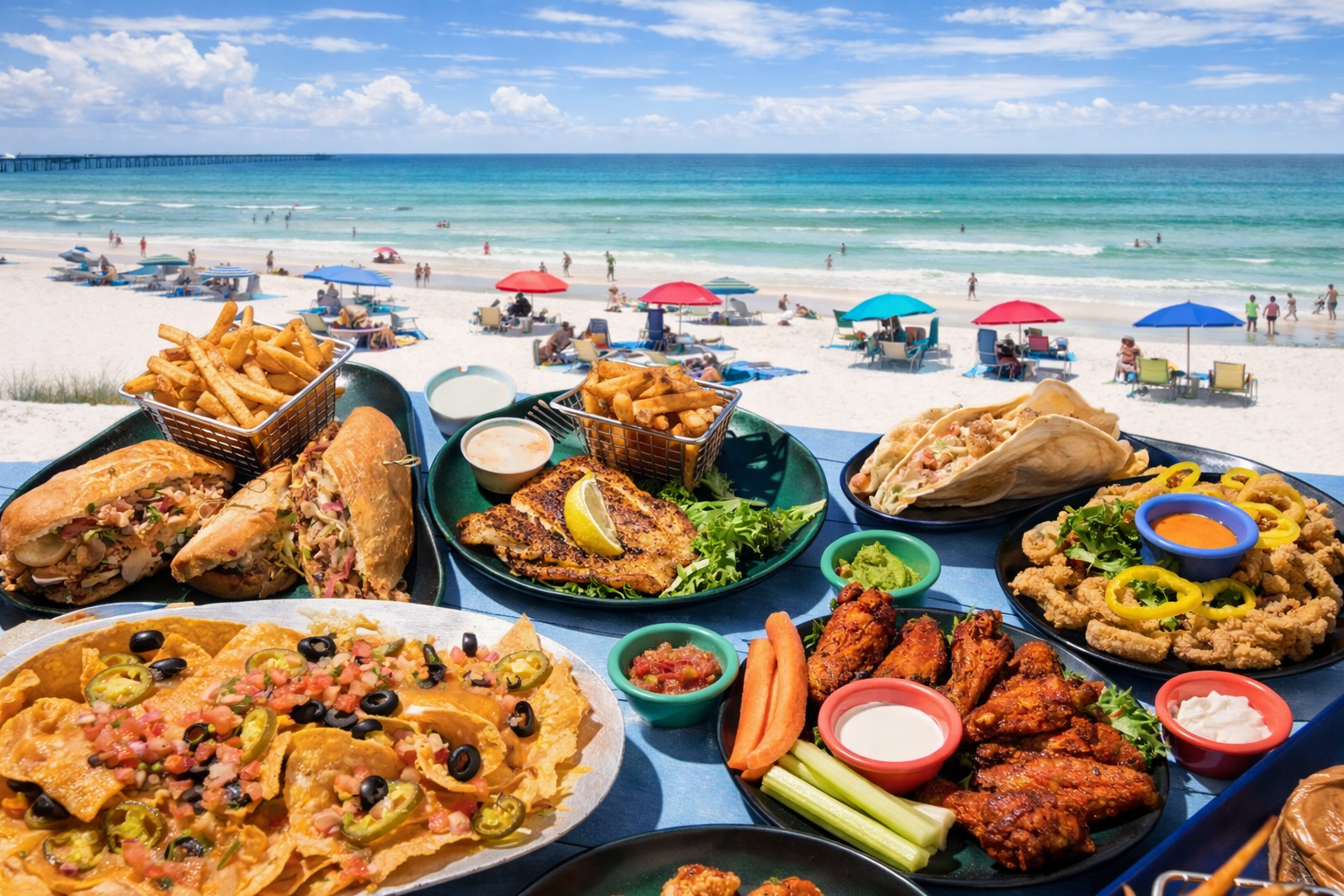 Delicious seafood dishes and cocktails served at Barefoot Restaurants, with stunning Gulf views and beachgoers enjoying the sun.